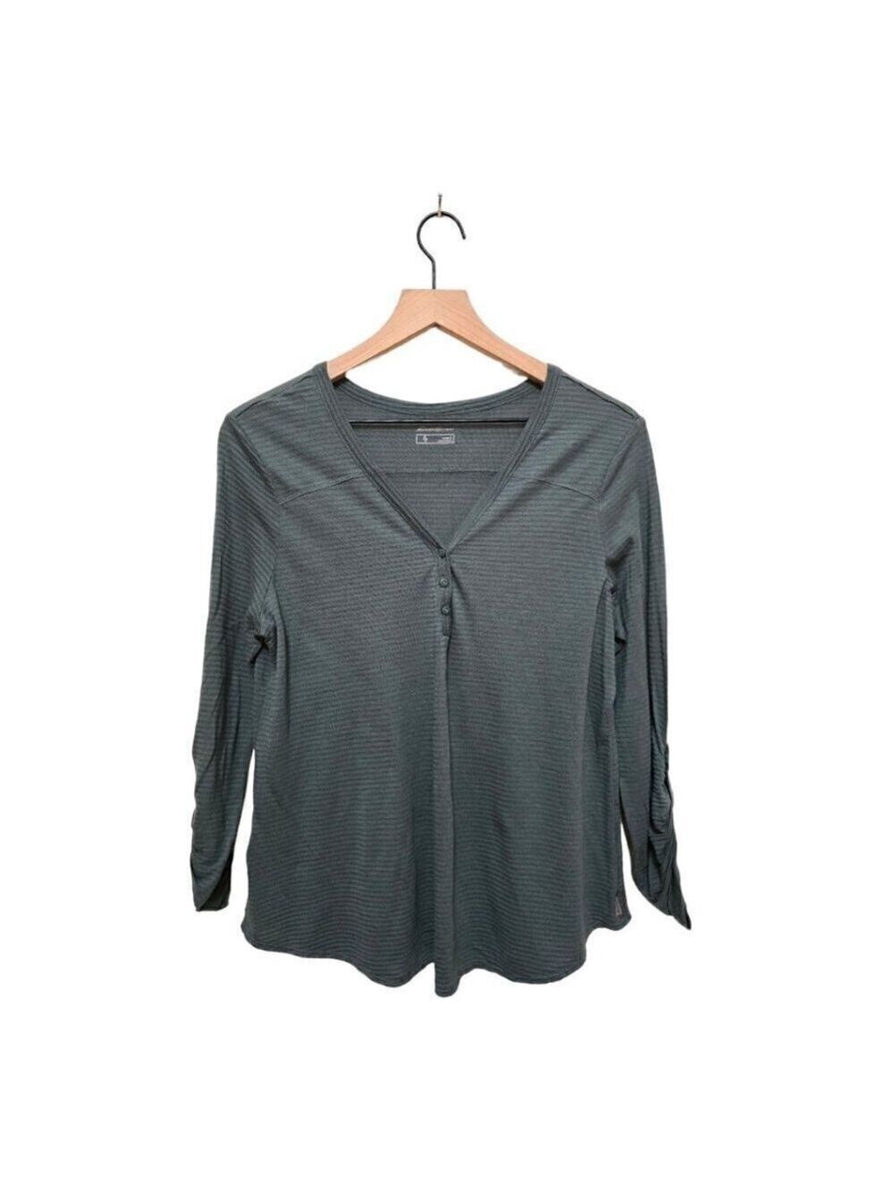 Eddie Bauer Green Mercer Knit V-Neck Roll Tab Sleeve Henley Sz L